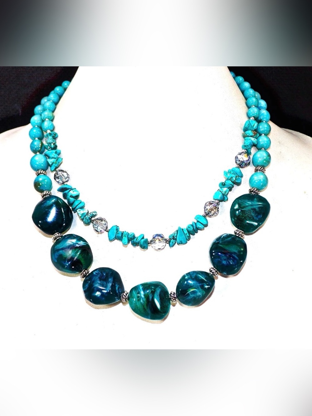 Turquoise Double Row Statement Necklace Stone Glass Beads Silver Accents New